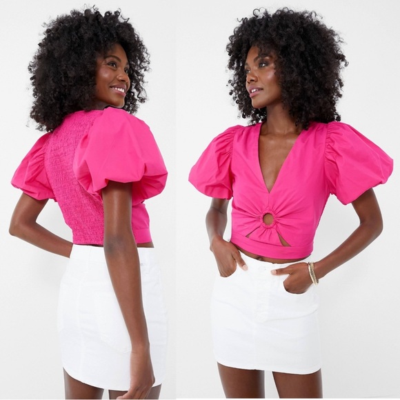 CLEOBELLA Pink Organic Cotton Puff Short Sleeve V-Neck Keyhole Cutout Crop Top M - Picture 5 of 12
